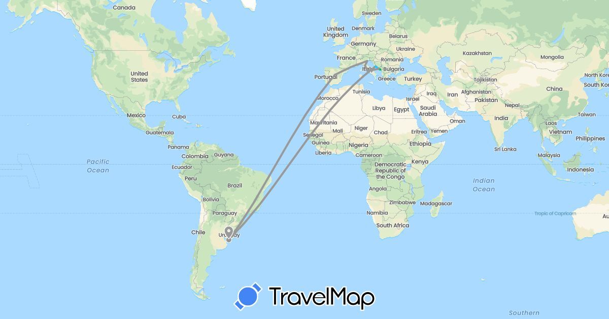 TravelMap itinerary: driving, bus, plane, hiking, boat in Spain, Croatia, Italy, Montenegro, Uruguay, Vatican City (Europe, South America)